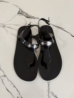 Michael Kors Black Patent Jelly Thong Sandals with Silver Logo